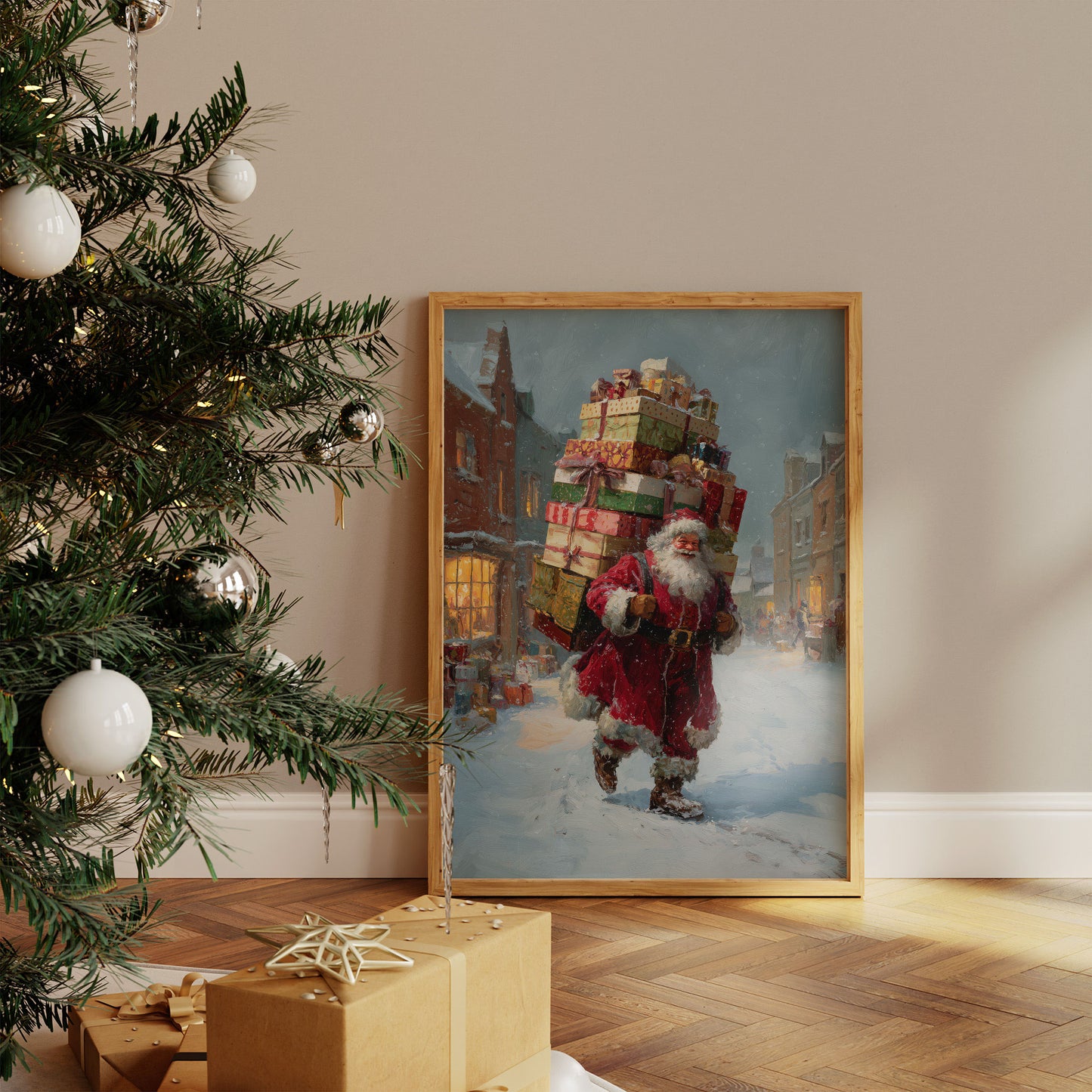Gifts Tower Above Snowy Streets