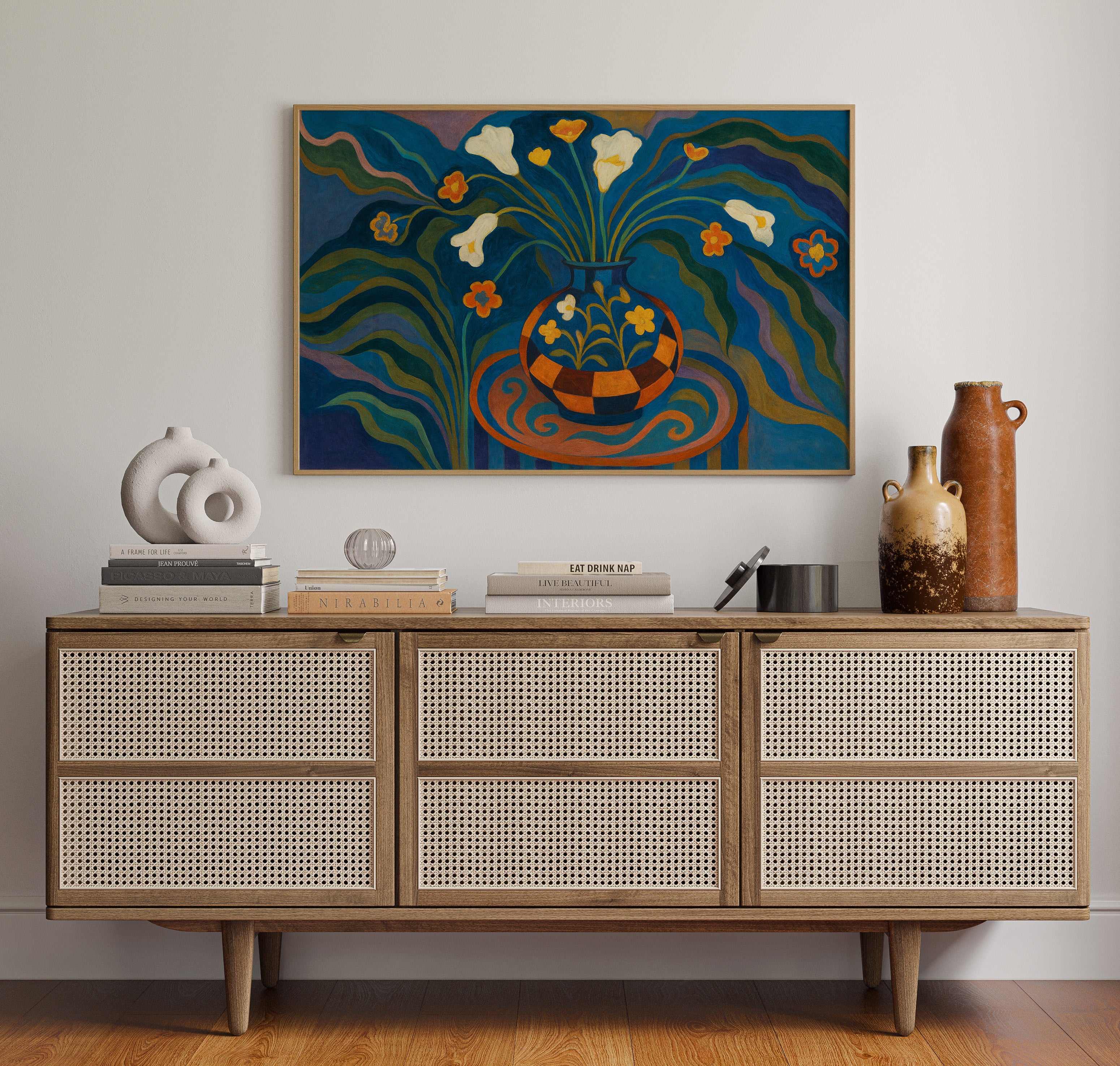 Moonlit Blooms in a Checkered Vase