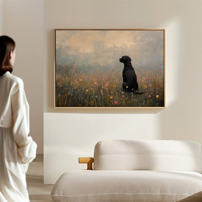 Serene Black Lab in Wildflowers – Rustic Dog Art Print