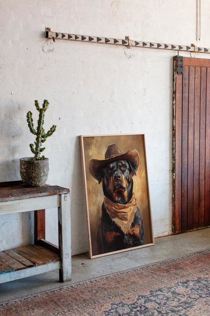 Western Cowboy Rottweiler Print – Rustic Wild West Dog Art