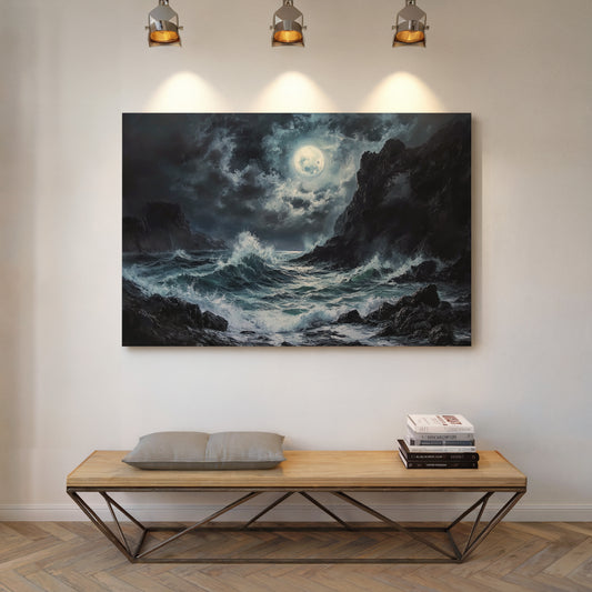 Moonlit Waves Break Against Cliffs