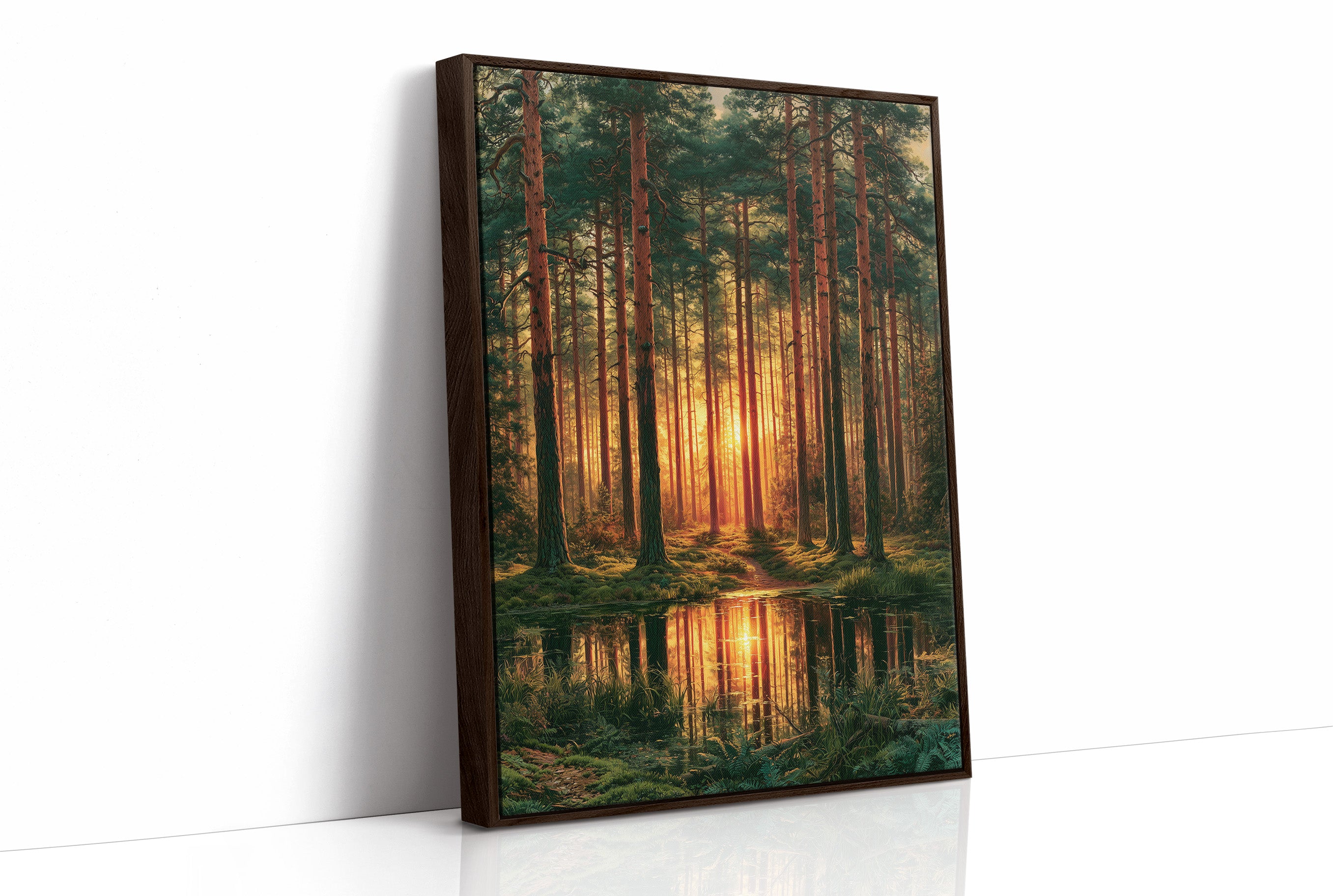 The Sunlit Path: Pine Forest Reflection at Dusk