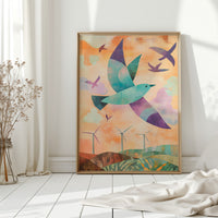 Birds Soar Above Wind Farm Dawn