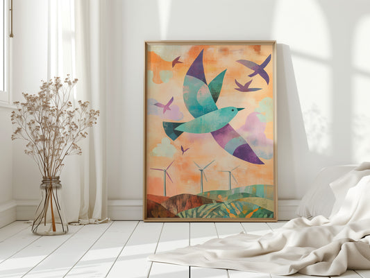Birds Soar Above Wind Farm Dawn
