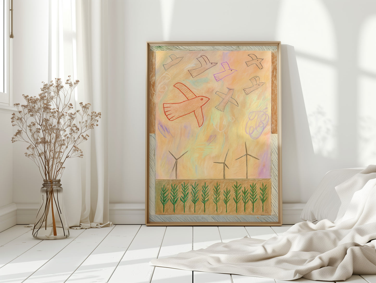 Red Bird Soars Above Wind Fields