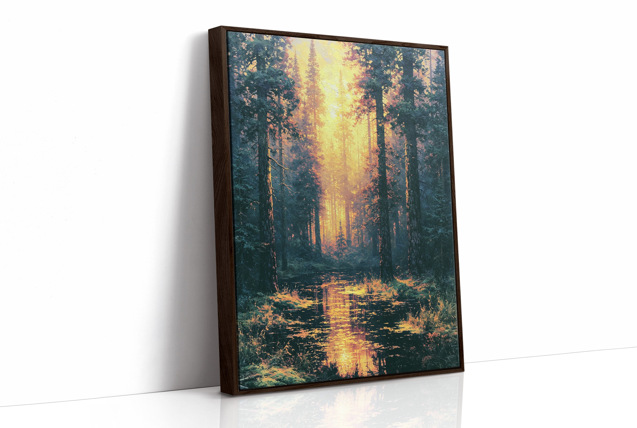 Blazing Grove: Impasto Forest Stream at Sunset