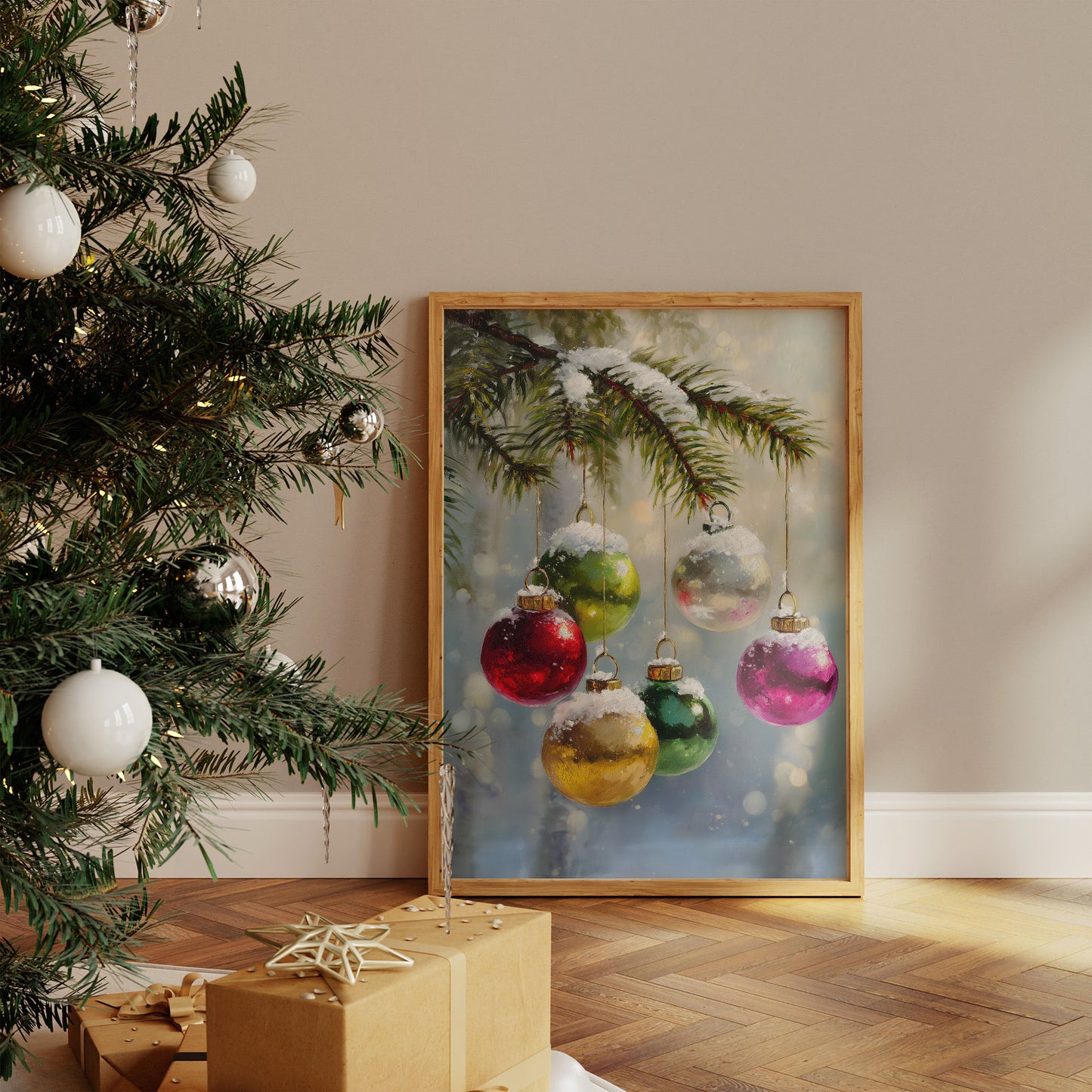 Ornaments Dance Under Snowy Boughs