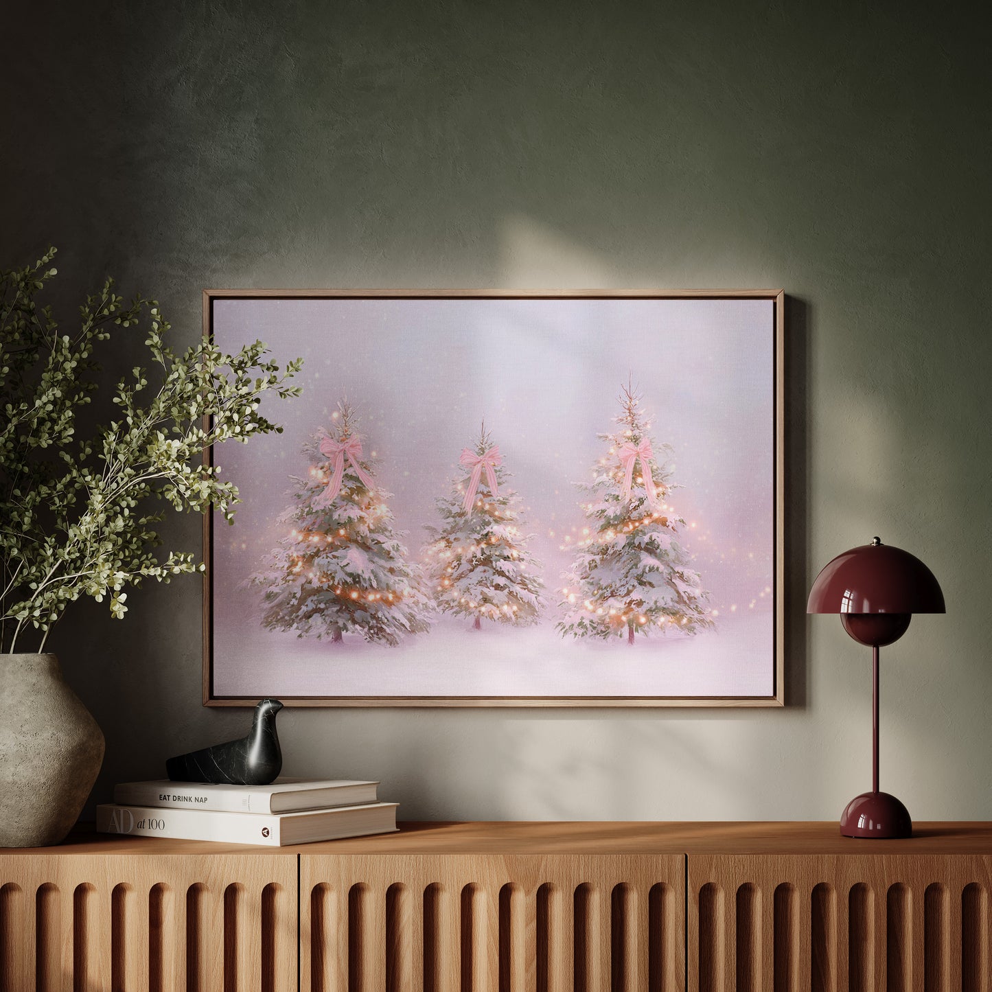 Pink Bows Dance Through Snow Light