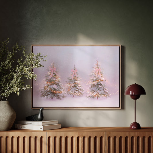Pink Bows Dance Through Snow Light