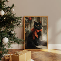 Midnight Cat Wears Holiday Ribbons