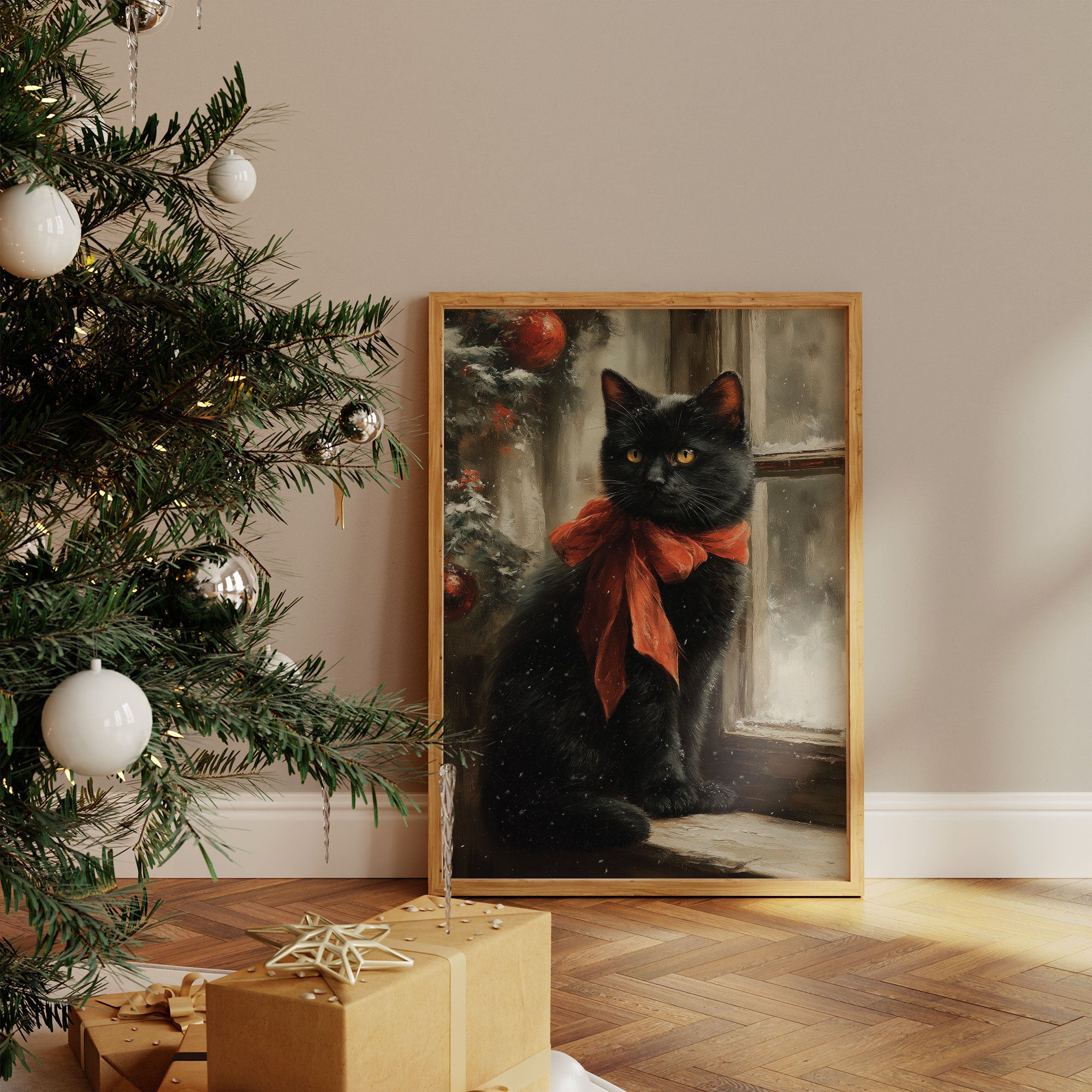 Midnight Cat Wears Holiday Ribbons