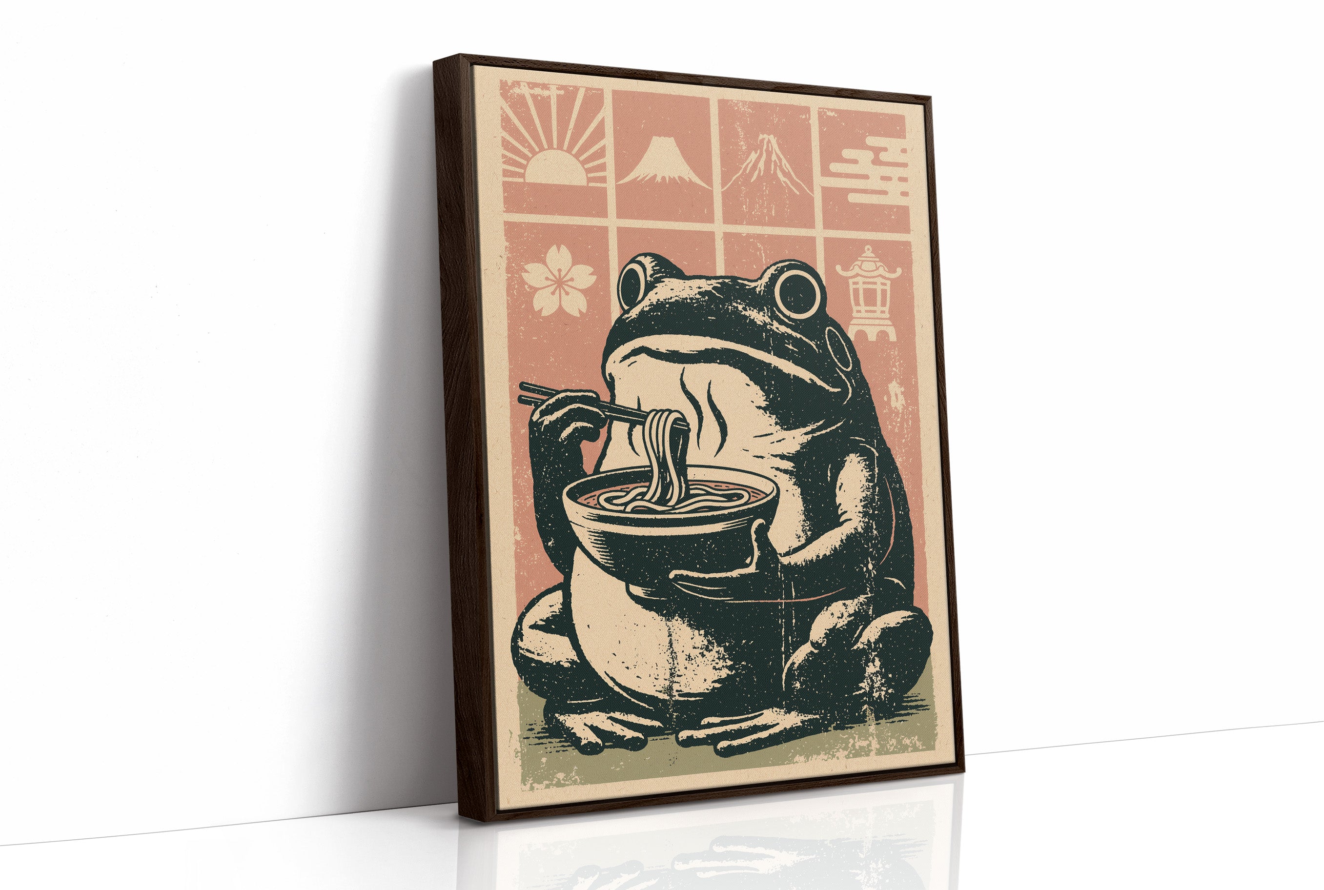 Steamy Ramen Toad: A Woodblock Frog's Slurp