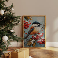 Winter Songbird Among Holly Berries