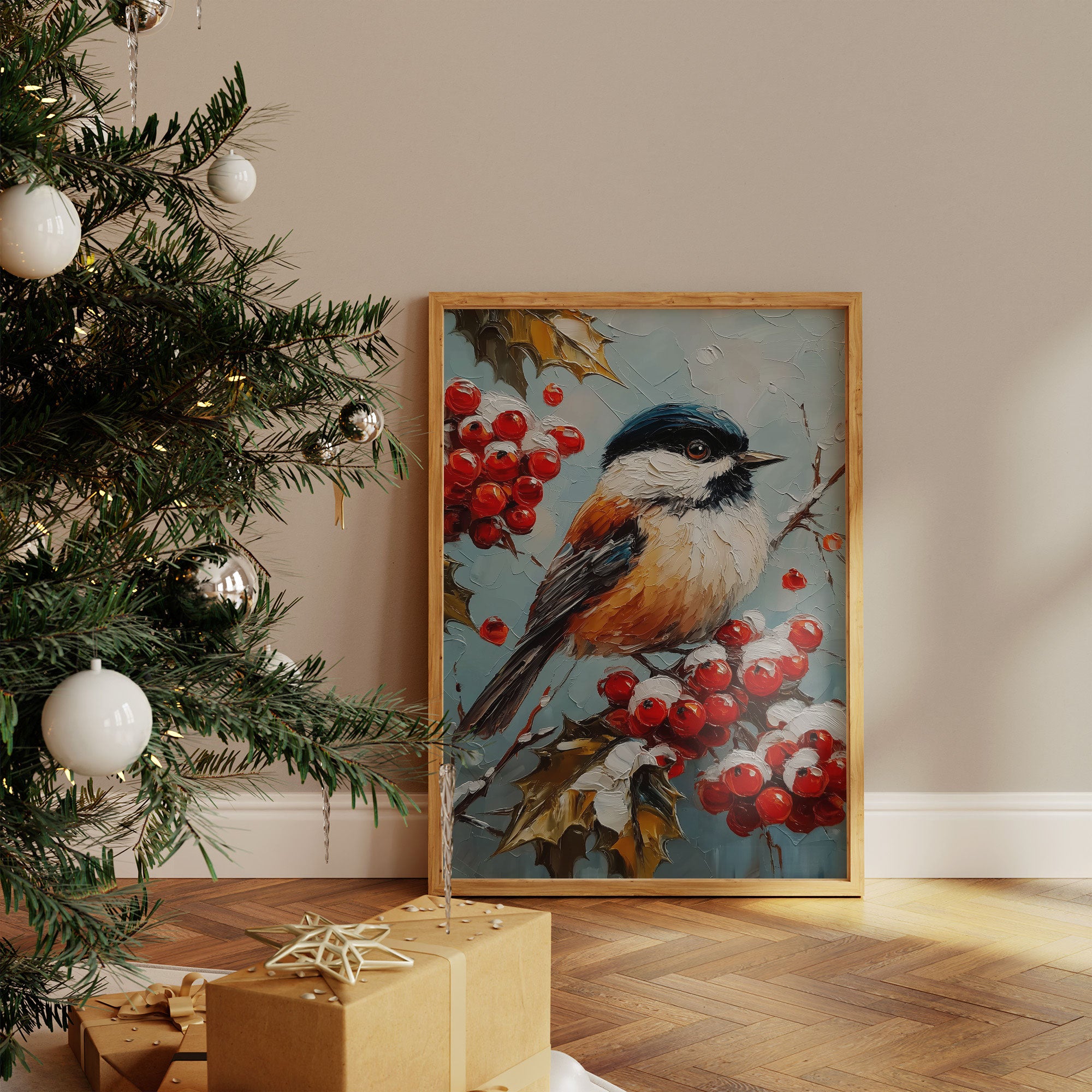 Winter Songbird Among Holly Berries