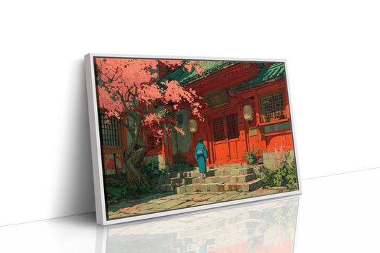 Cherry Blossoms Dance At Temple Steps