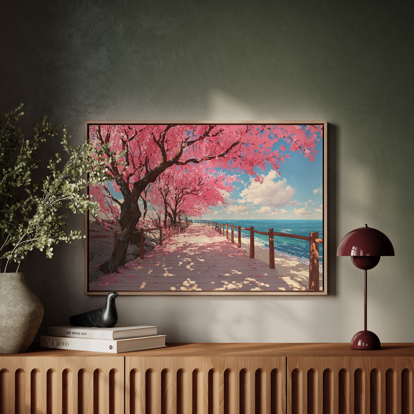 Cherry Blossoms Dance Above Ocean Paths