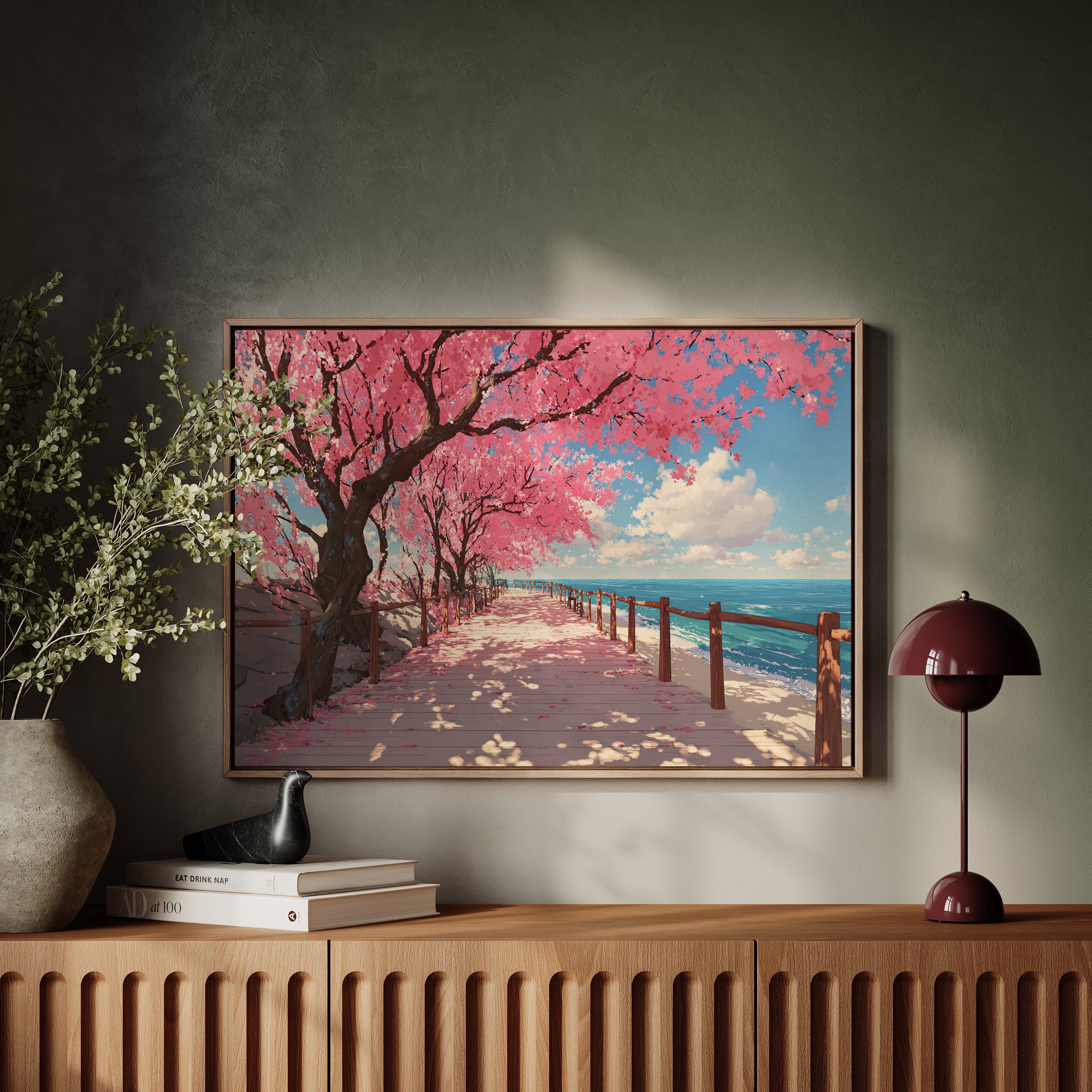 Cherry Blossoms Dance Above Ocean Paths