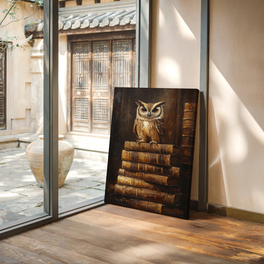 Wise Owl on Antique Books – Dark Academia Wall Art, Vintage Library Print, Scholar’s Study Decor