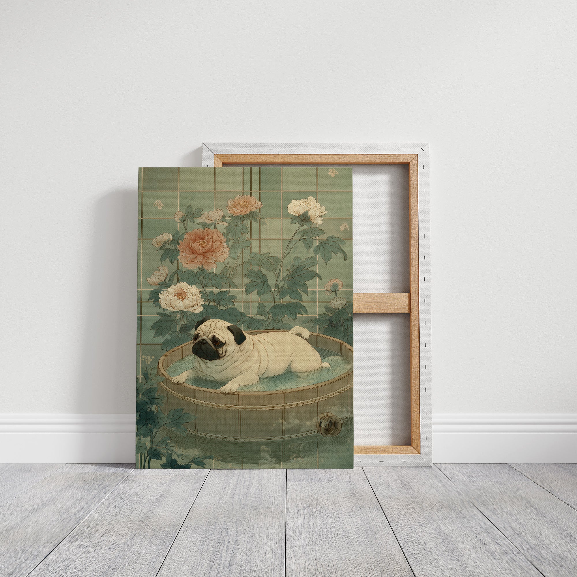 Pug's Peaceful Bath Among Peonies
