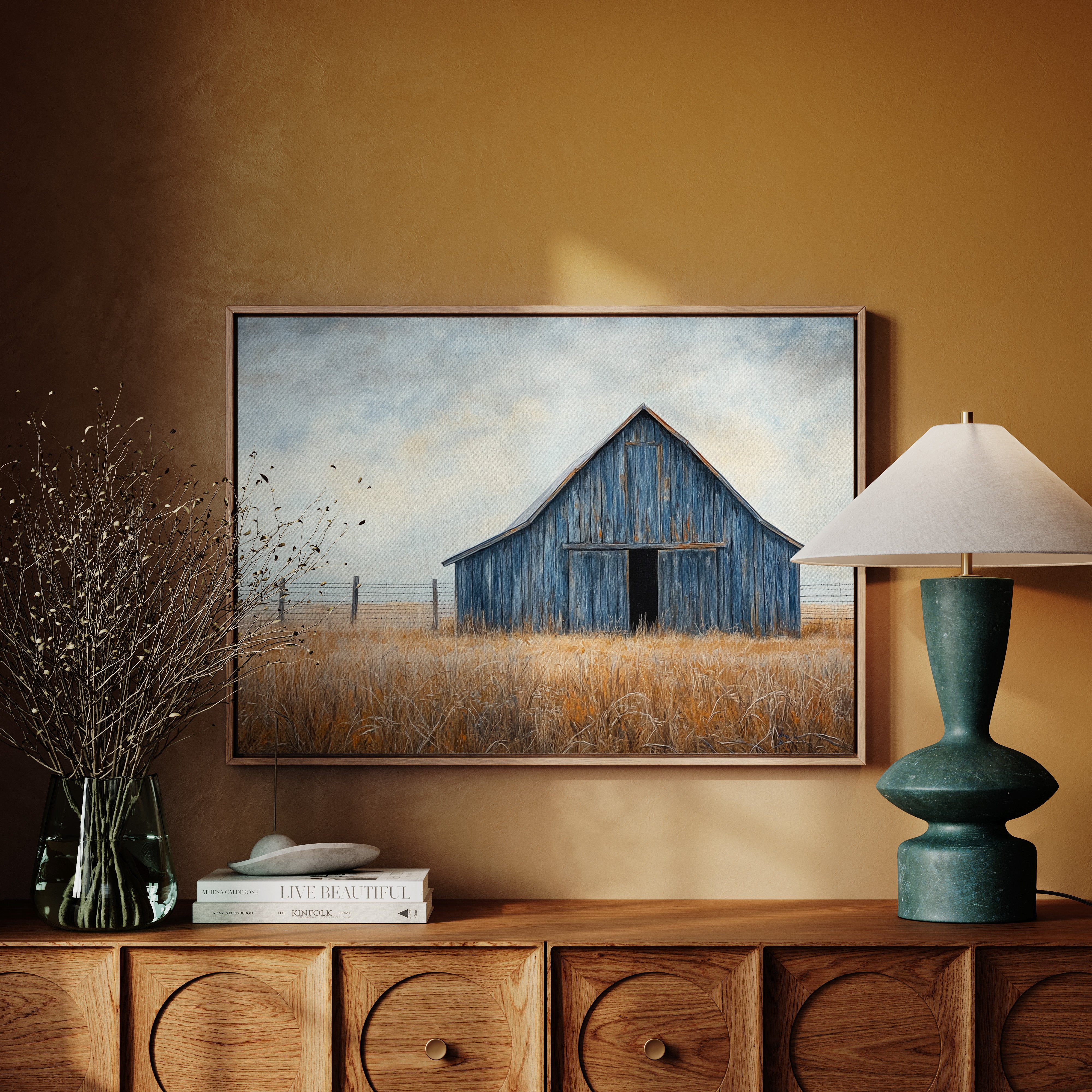 Blue Barn Stands Among Golden Fields