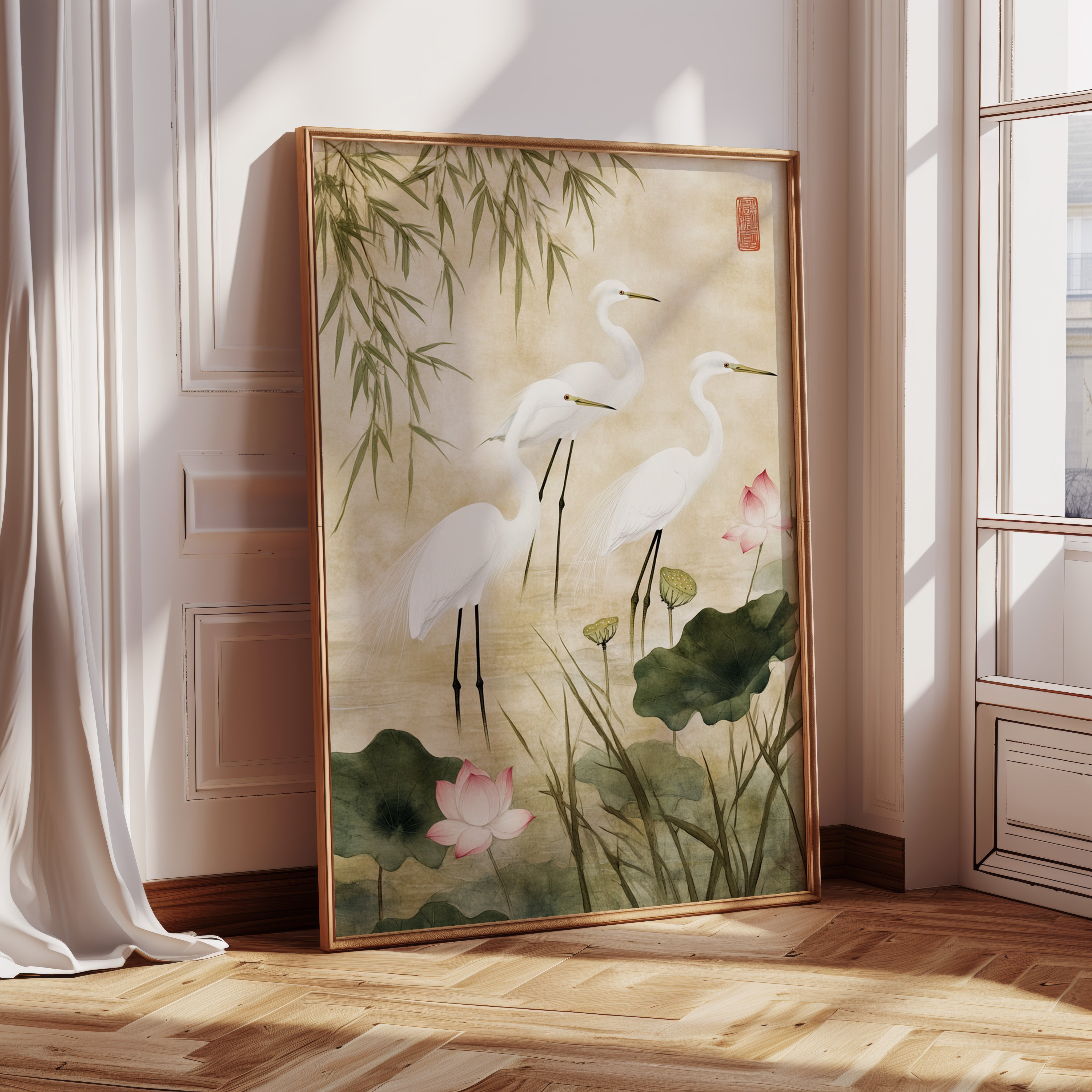 Japanese Egret Wall Art – Elegant Minimalist Nature Print