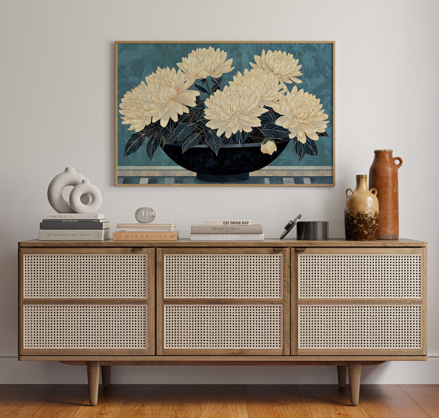 Cream Dahlias On Midnight Waters
