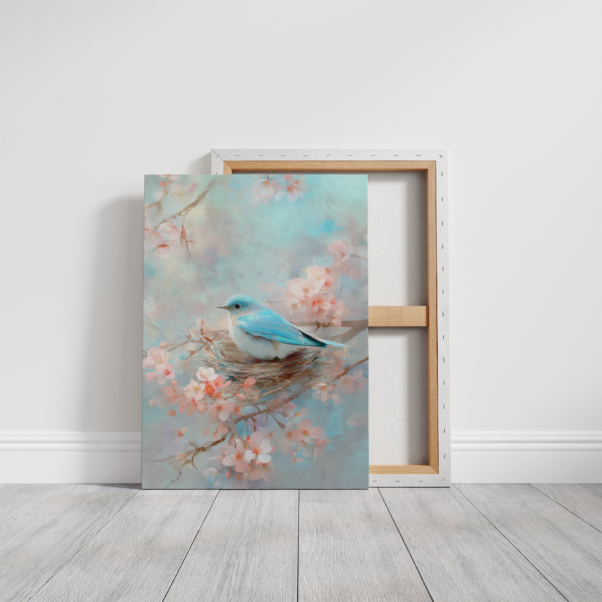 Blue Bird Rests Among Cherry Blossoms