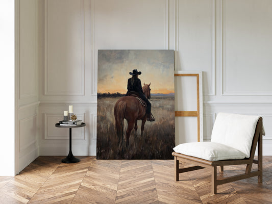 Back to the Prairie – Cowgirl on Horse at Dusk