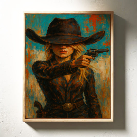 Western Grit: Cowgirl With Revolver Canvas Art