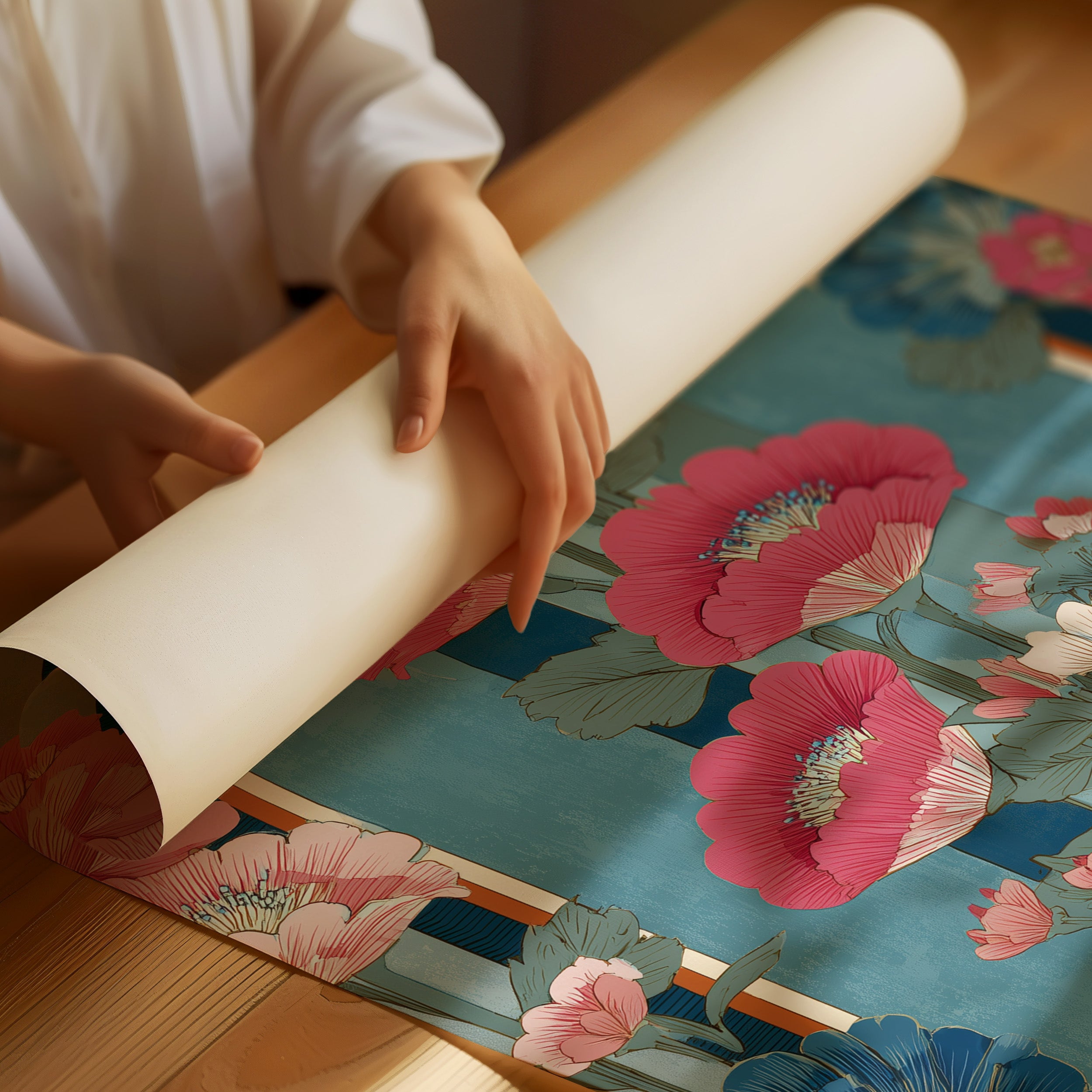 Hot Pink Blooms on Faded Blue