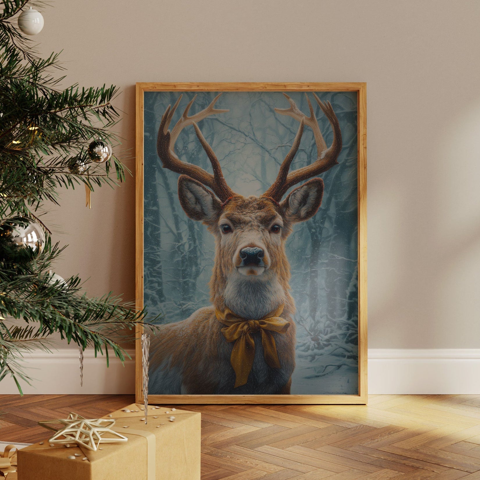 December's Stag Wears Golden Ribbon