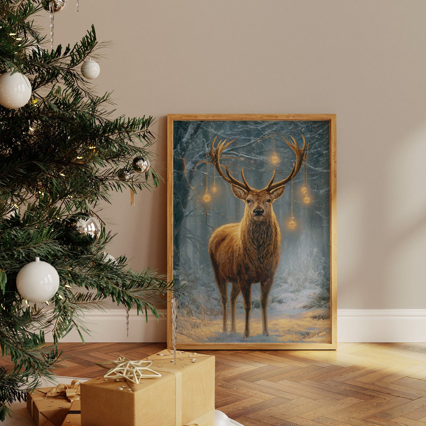 Stag Beneath December's Golden Lights