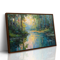 Sunlit Waters Between Tall Pines