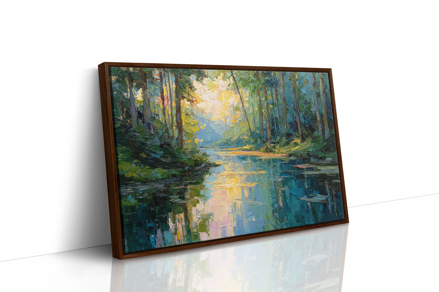 Sunlit Waters Between Tall Pines