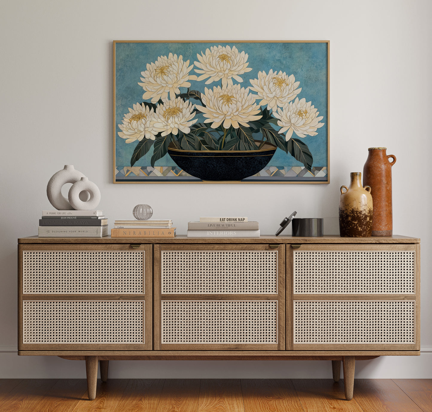 White Chrysanthemums Meet Midnight Bowl