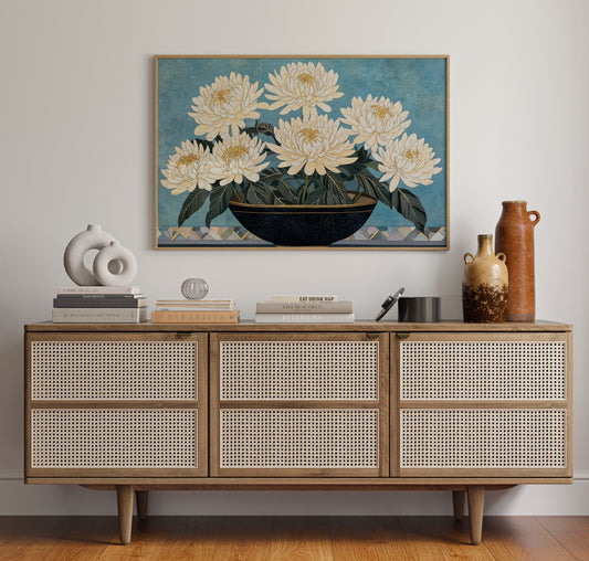 White Chrysanthemums Meet Midnight Bowl