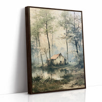The Weathered Cottage: Misty Woodland Reflection