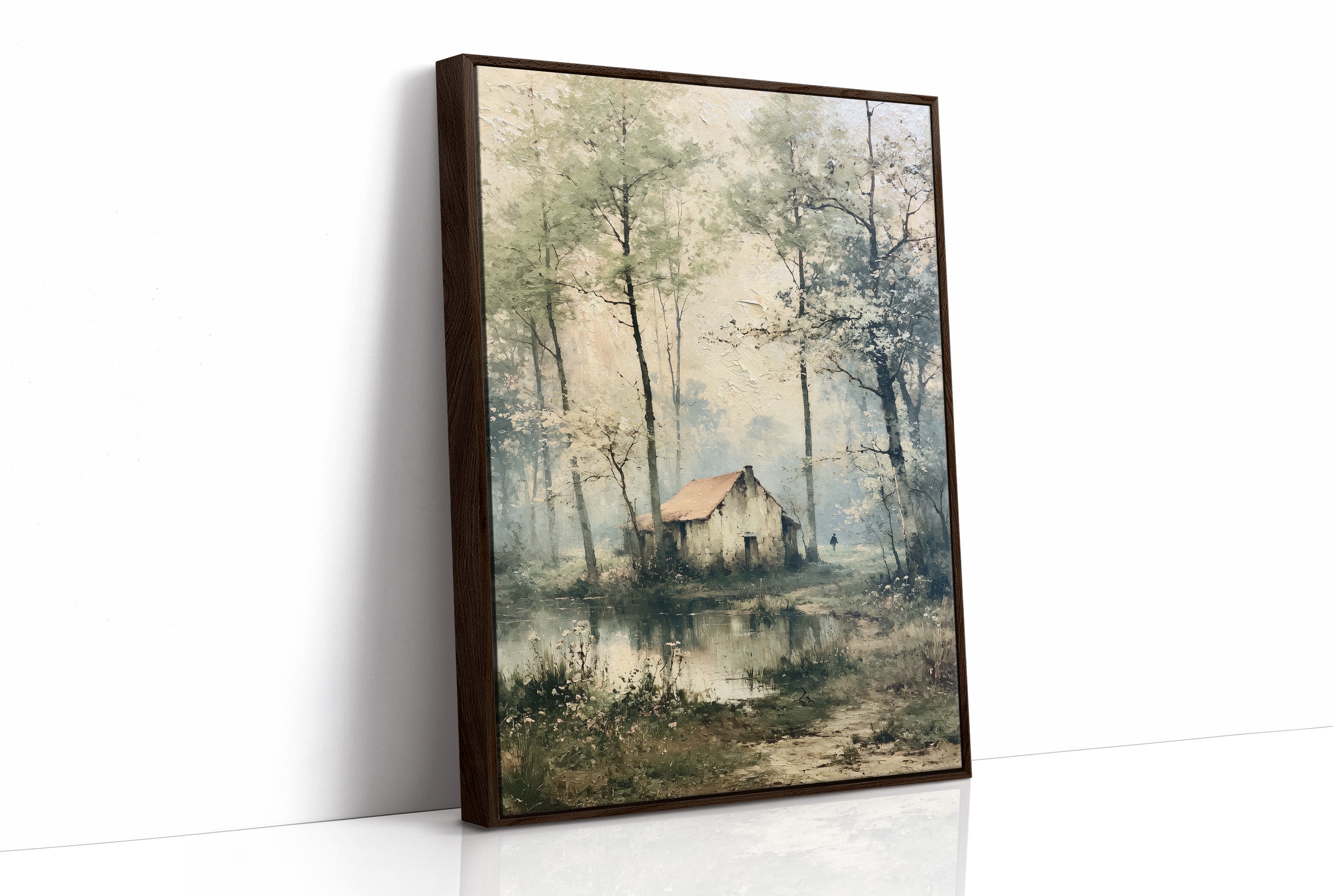 The Weathered Cottage: Misty Woodland Reflection