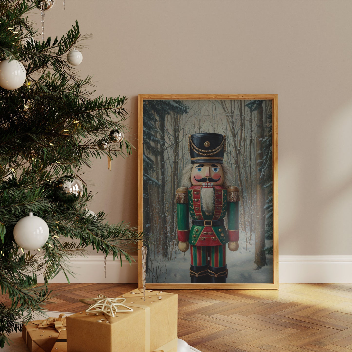 Nutcracker Stands Watch In Winter Woods