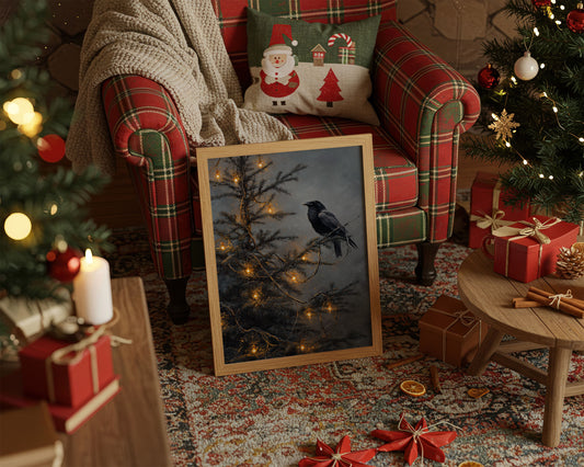 Raven Perches Among Winter Lights
