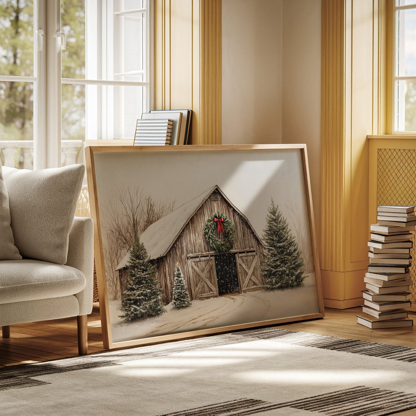 Rustic Christmas Barn – Cozy Winter Farmhouse Wall Art Print