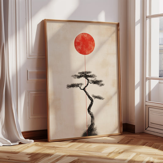 Minimalist Bonsai & Rising Sun – Japanese Zen-Inspired Wall Art