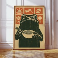 Ramen Frog in Retro Woodblock Style