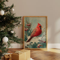 Crimson Wings Against Winter Pine