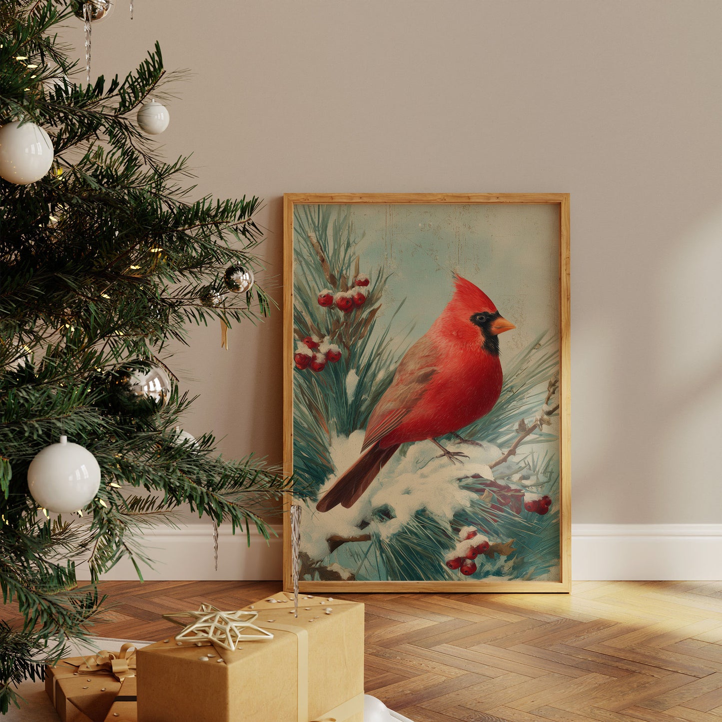 Crimson Wings Against Winter Pine