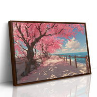 Cherry Blossoms Dance Above Ocean Paths