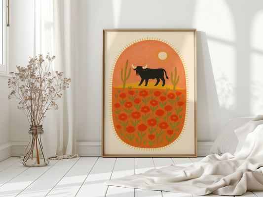 Desert Bloom with Bull at Sunset