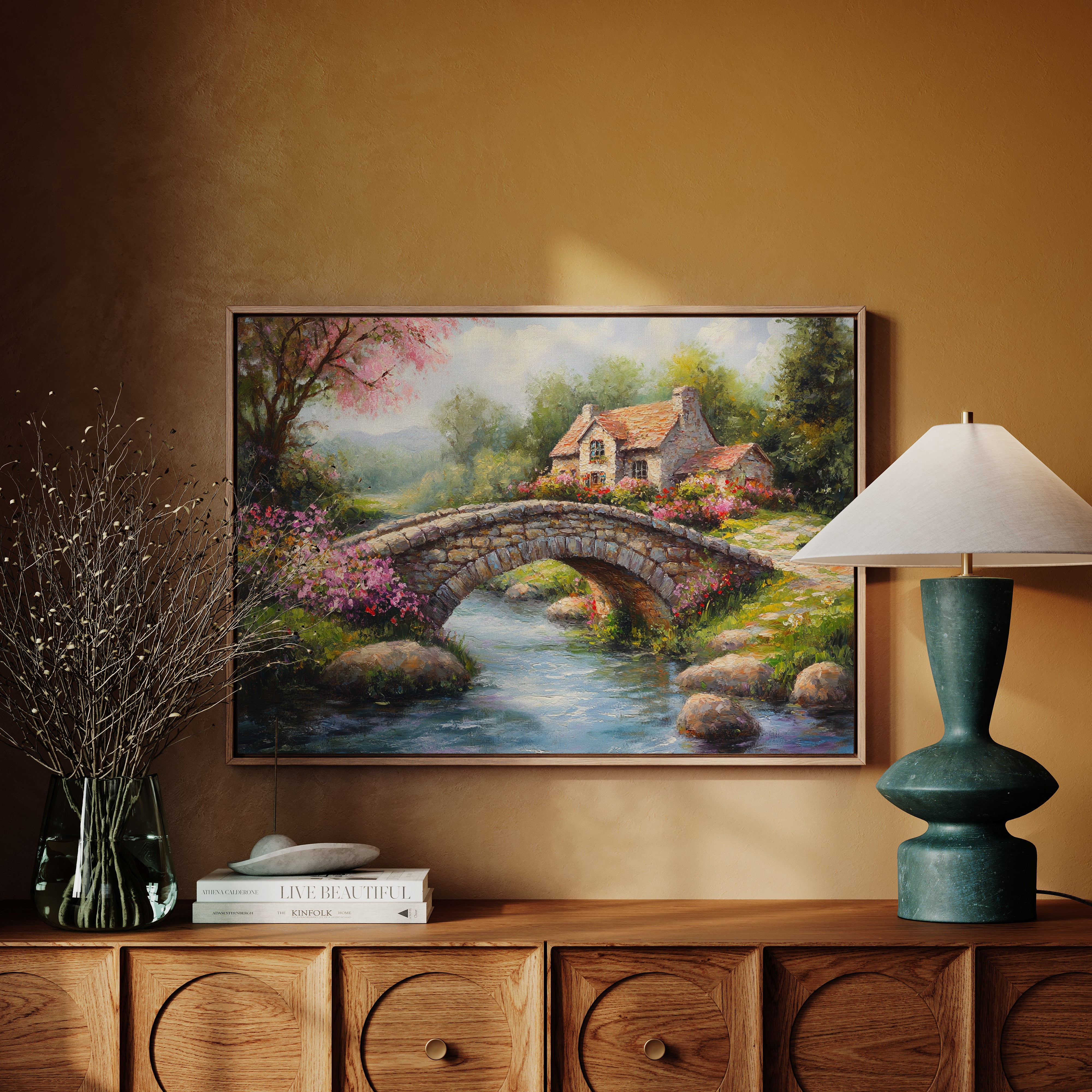 Roses Bloom By Ancient Stone Bridge