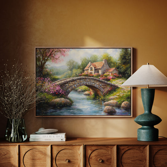 Roses Bloom By Ancient Stone Bridge