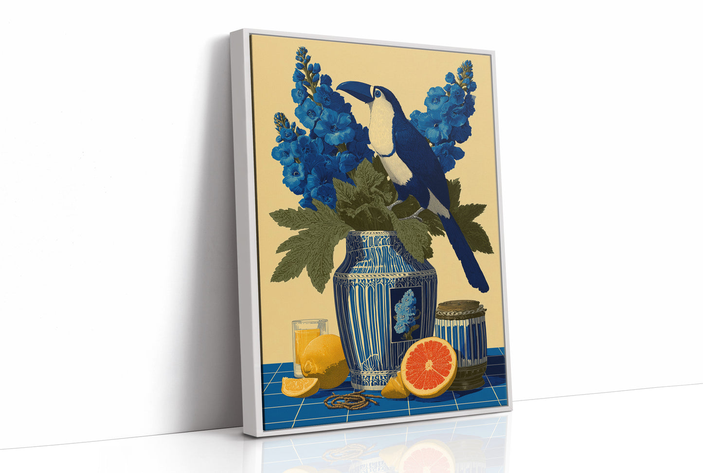 Toucan and Blue Delphiniums